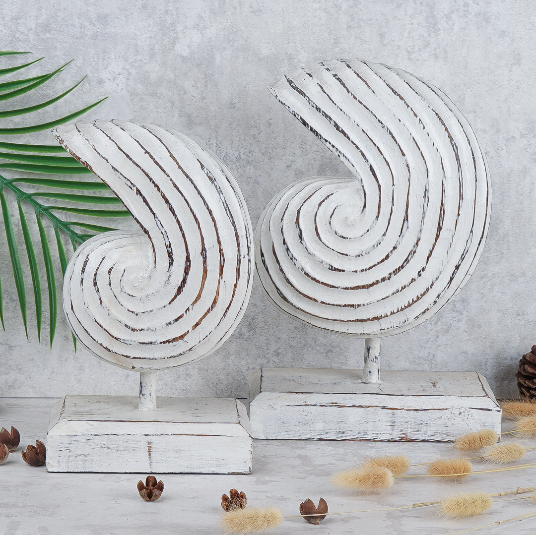 Wooden Stand Conch Set Of 2, Hand Carved From Albesia Wood.